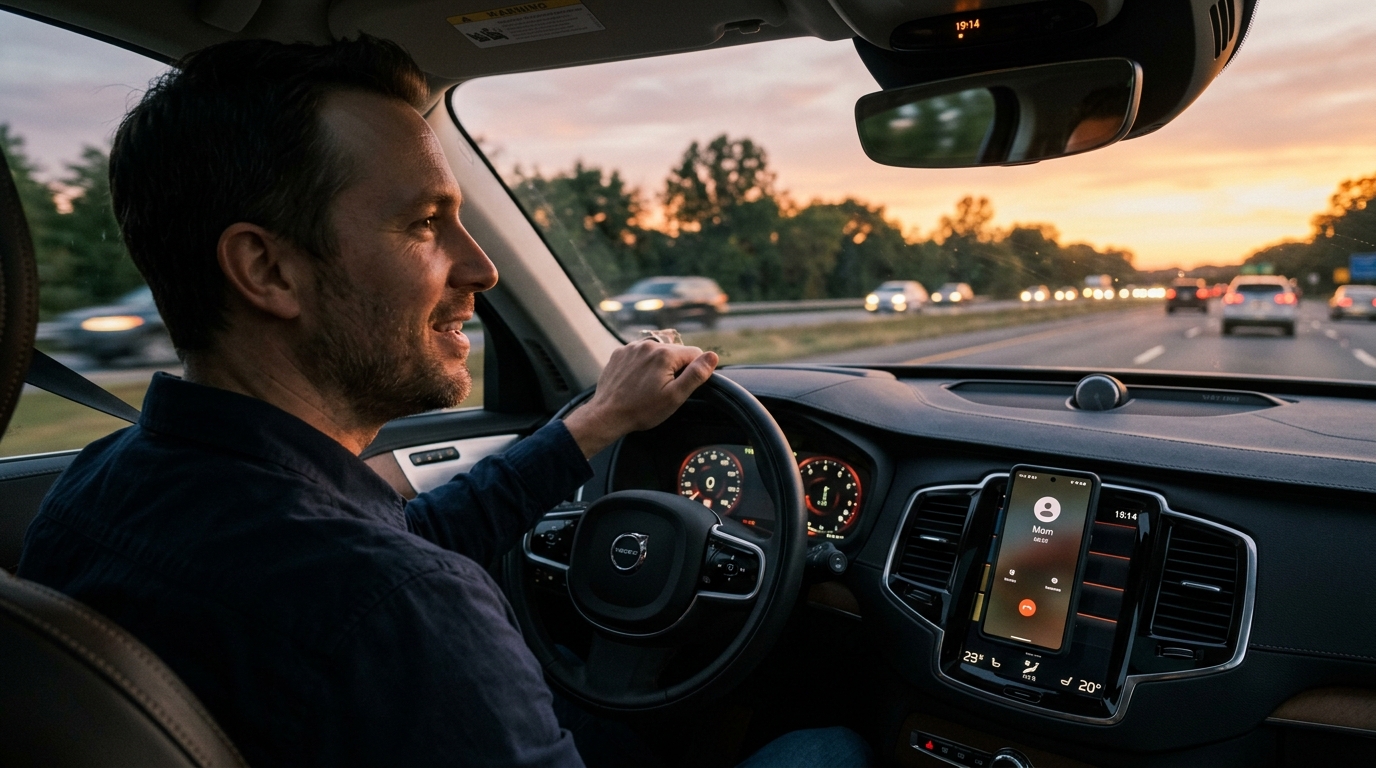 Man driving at sunset speaking hands-free on the phone
